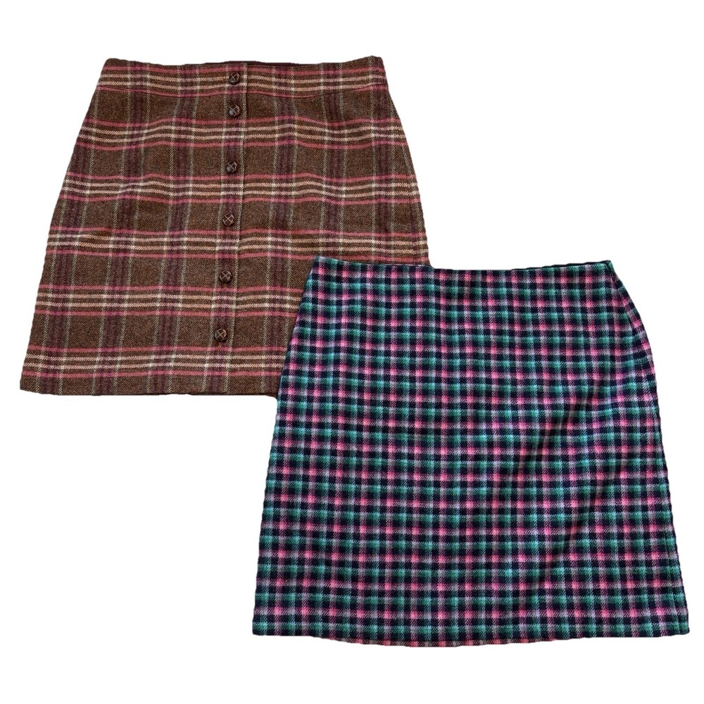 2 NEW Talbots Wool Blend Mini Skirt Womens 14 Plaid Flannel Dark Academia Preppy